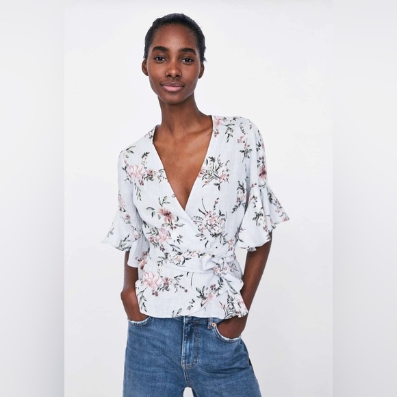 Zara 100% Linen Floral Peplum Wrap Top Sz S Tie Waist Flutter Flare Sleeves NWT| - Picture 2 of 13